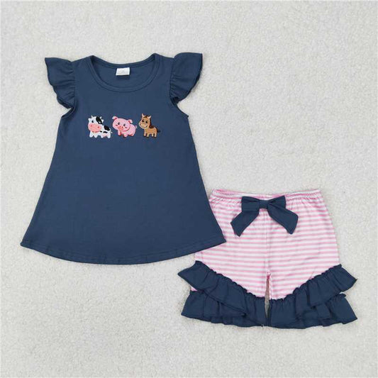 11.14 RTS NO MOQ （In stock）Matching GSSO2110 Baby Girls Blue Farm Animals Shirt Stripes Shorts Clothes Sets