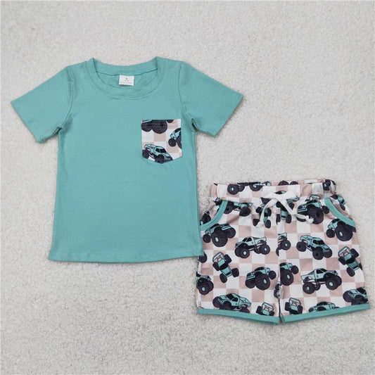 USA Warehouse (IN STOCK) BSSO1316 Short sleeves pocket top plaid trucks shorts boys clothes
