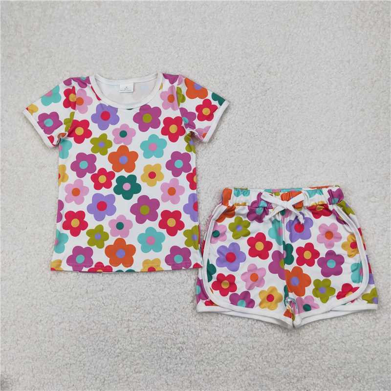 12.11 RST Sibling Baby Girls Colorful Flowers Button Top Shorts Clothes Sets