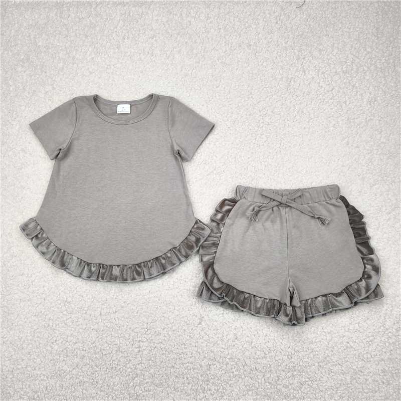 12.19 RTS NO MOQ （In stock）Matching GSSO2182 Baby Girls Grey Cotton Top Ruffle Shorts Clothes Sets