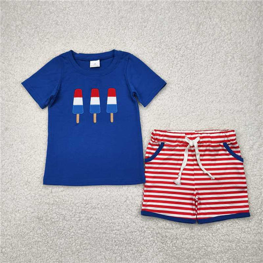1.7 RTS NO MOQ （In stock）BSSO1250 4th of July Embroidery Baby Boys 4th Of July Popstick Shirts Shorts Clothes Sets