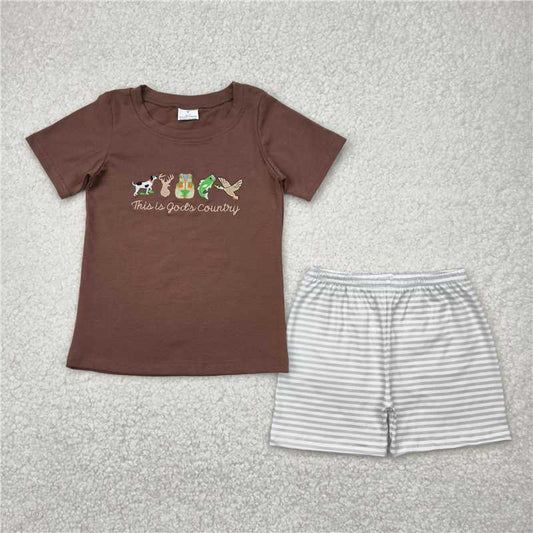 12.29 RTS NO MOQ （In stock）Matching BSSO1410 Embroidery Baby Boys Brown Gods Country Shirt Stripe Shorts Sets