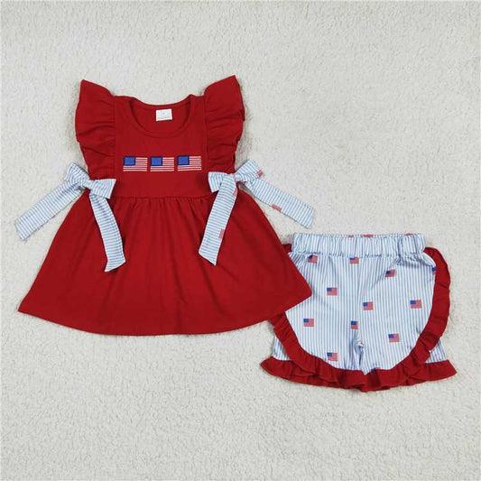 1.6 RTS NO MOQ （In stock）GSSO2375 4th of July Embroidery Baby Girls Red Flags Bows Tunic Stripe Ruffle Short 4th Of July Sets