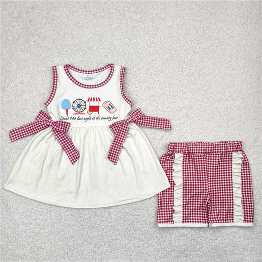 12.19 RTS NO MOQ （In stock）Matching GSSO2518 Baby Girls Ice Cream Store Bows Tunic Red Plaid Ruffle Shorts Sets