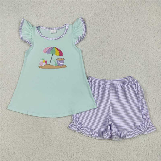 12.17 RTS NO MOQ （In stock）Matching GSSO2553 Embroidery Baby Girls Flutter Sleeves Beach Tunic Lavender Stripe Shorts Sets