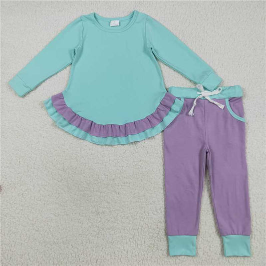 11.24 RTS NO MOQ （In stock）Matching GLP2402 Baby Girls Aqua Long Sleeves Ruffle Top Lavender Pockets Legging Pants Sets