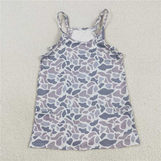 10.18 RTS NO MOQ （In stock）Matching GSD2723 Baby Girls Strap Light Gray Camo Shorts Inside Pockets Yoga Dresses