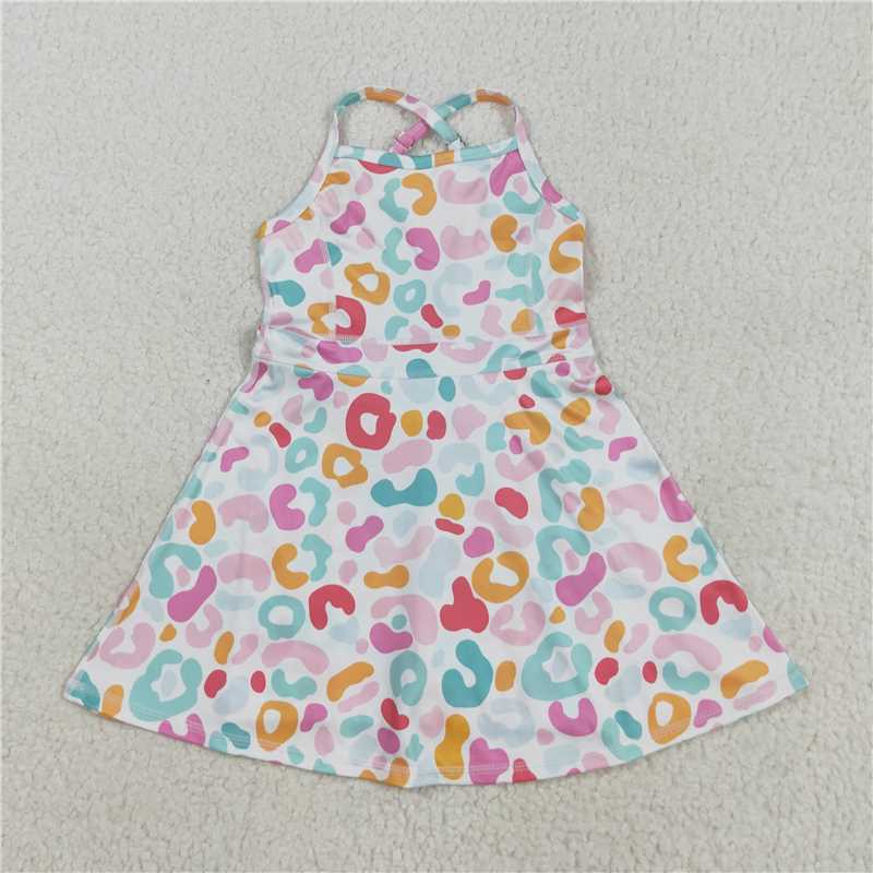 10.18 RTS NO MOQ （In stock）Matching GSD2645 Baby Girls Strap Pink Green Leopard Shorts Knee Length Dresses