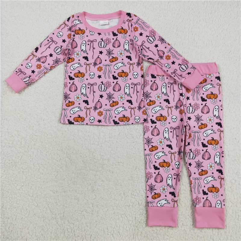 11.10 RTS NO MOQ （In stock） Matching Halloween GLP2567 Baby Girls Halloween Pink Ghost Pumpkins Top Pant Pajamas Sets
