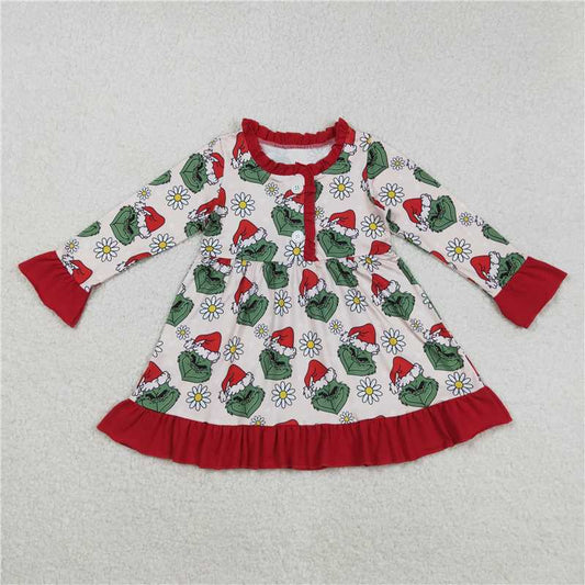 12.1 RTS NO MOQ （In stock）Matching Christmas GLD1230 Baby Girls Button Christmas Green Face Flowers Knee Length Dress