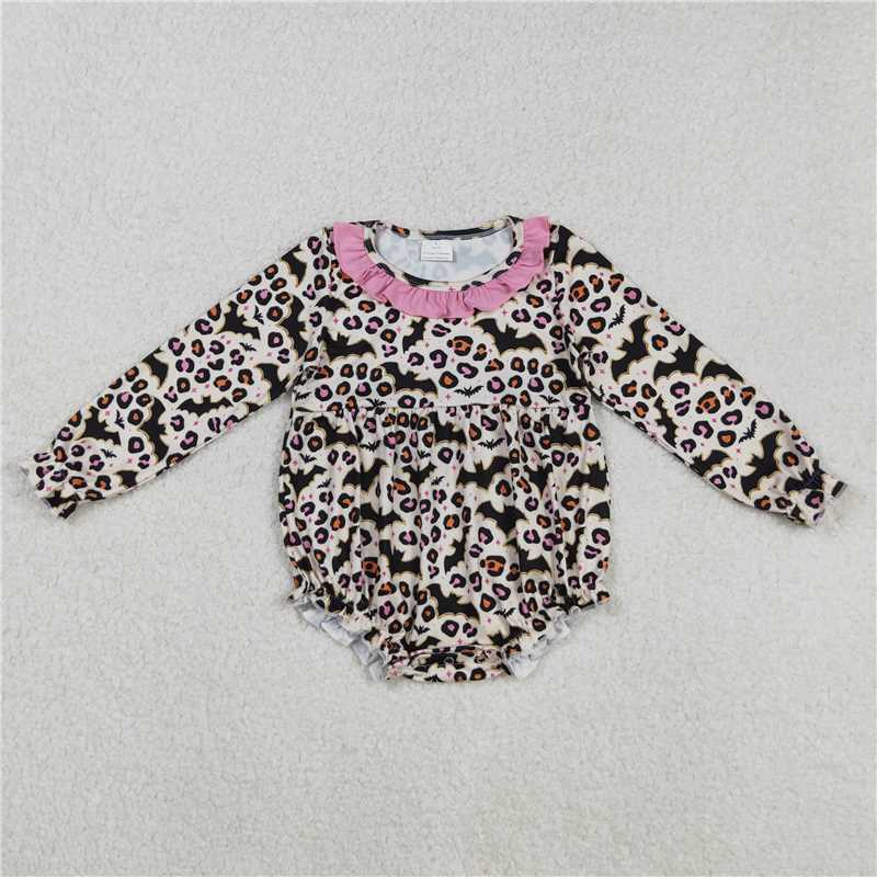 11.29 RTS NO MOQ （In stock）Matching Halloween Baby Girls Halloween Leopard Bats Ruffle Rompers