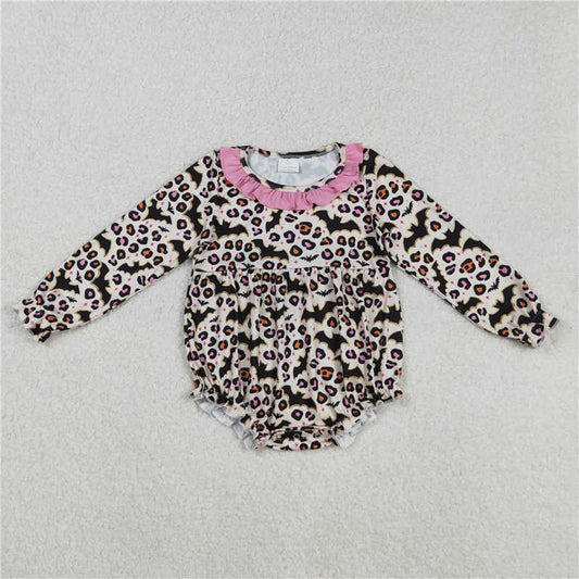 11.29 RTS NO MOQ （In stock）Matching Halloween Baby Girls Halloween Leopard Bats Ruffle Rompers