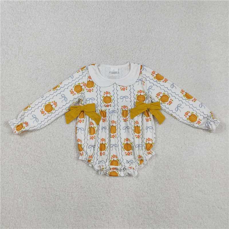 11.10 RTS NO MOQ （In stock）Matching LR2389 Baby Girls Fall Long Sleeves Pumpkins Bows Rompers