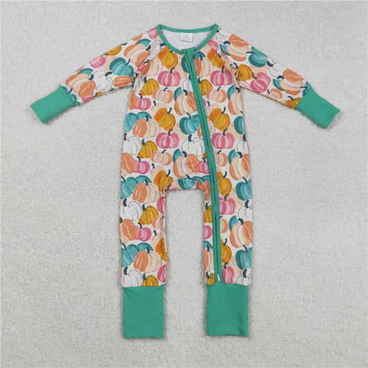 10.27 RTS NO MOQ （In stock）Matching LR2552 Baby Boys Colorful Pumpkins Plaid Fall Zipper Footie Rompers
