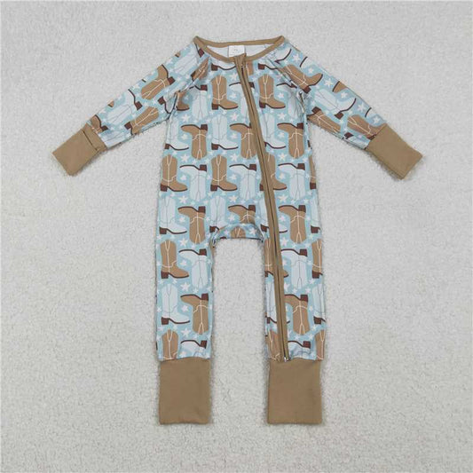 11.1 RTS NO MOQ （In stock）Matching LR2734 Baby Boys Boots Stars Plaid Western Two Way Zip Convertible Rompers