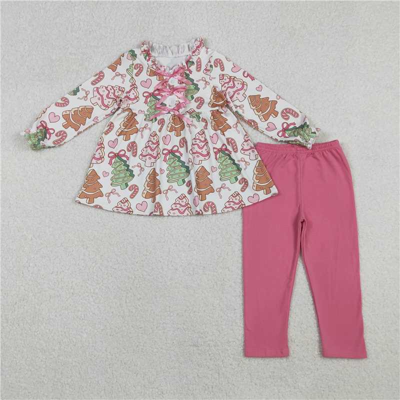 12.5 RTS NO MOQ （In stock）GLP2629 Baby Girls Trees Candy Cane Button Bows Tunic Leggings Christmas Clothes Sets