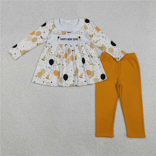 10.31 RTS NO MOQ （In stock）Matching Happy New Year	 GLP2901 Embroidery Happy New Baby Girls Year Balloons Tunic Leggings Clothes Sets