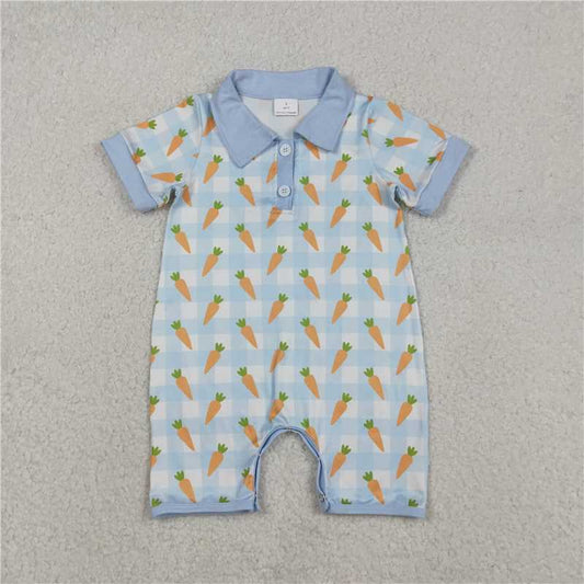 12.26 RTS NO MOQ （In stock）SR3254 Baby Boys Blue Checked Carrots Easter Button Shorts Rompers