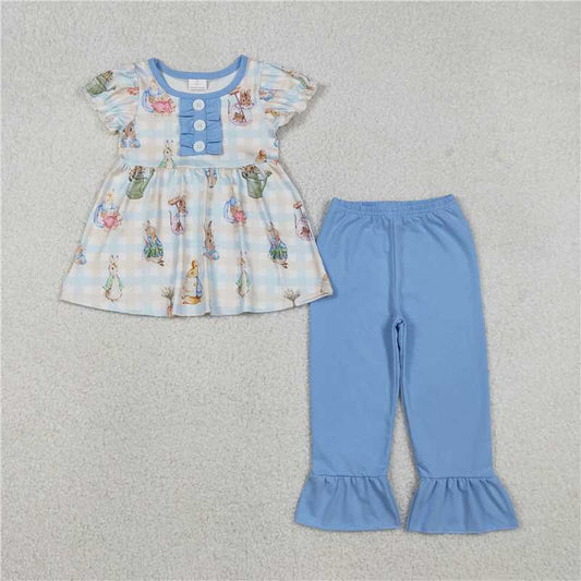12.23 RTS NO MOQ （In stock）GSPO2094 Baby Boys Stripe Rabbits Button Tunic Ruffle Pants Easter Clothes Sets