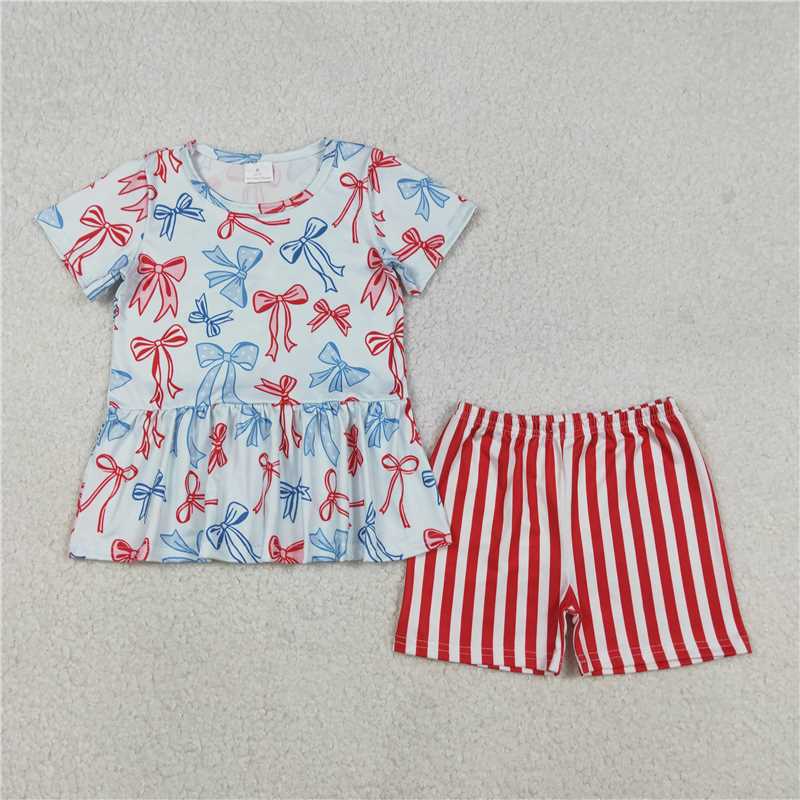 12.23 RST Sibling Baby Girls Red Blue Bows Boots Ruffle Tunic Shorts 4th of July Clothes Sets