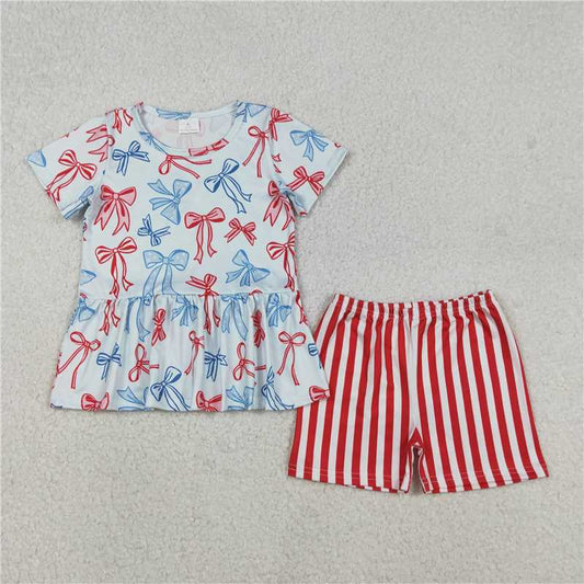 1.6 RTS NO MOQ （In stock）GSSO2838 4th of July Baby Girls Red Blue Bows Ruffle Top Stripe Shorts July 4th Clothes Sets