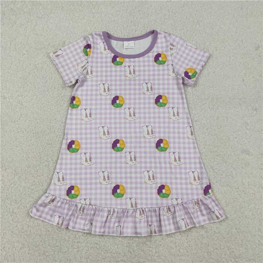 12.17 RTS NO MOQ （In stock）GSD2900 Baby Girls Mardigras Boots Donuts Checked Ruffle Knee Length Dresses