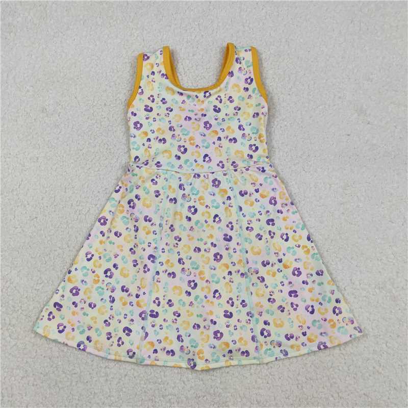 12.17 RTS NO MOQ （In stock）GSD2870 Baby Girls Sleeveless Mardigras Leopard Shorts Yoga Active Knee Length Dresses