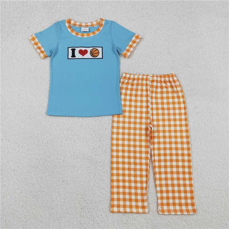 12.22 RTS Sibling Baby Boys Embroidery I Love Balls Top Checked Pants Team Clothes Set Footie Rompers