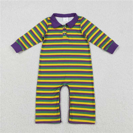 12.20 RTS NO MOQ （In stock）LR2679 Baby Girls Purple Yellow Green Stripe Button Mardigras Button Footie Romper