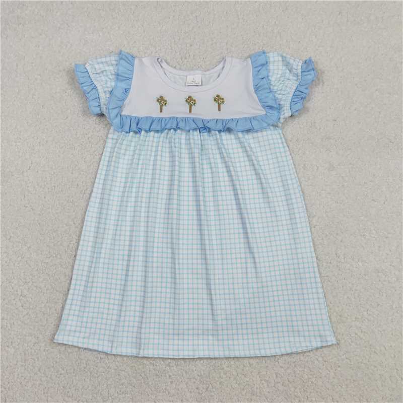 12.15 RTS NO MOQ （In stock）Matching Easter GSD2851 Embroidery Crosses Baby Girls Blue Checked Easter Knee Length Dresses