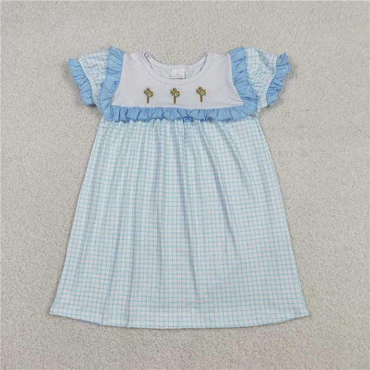 12.23 RTS NO MOQ （In stock）GSD2851 Embroidery Crosses Baby Girls Blue Checked Easter Knee Length Dresses