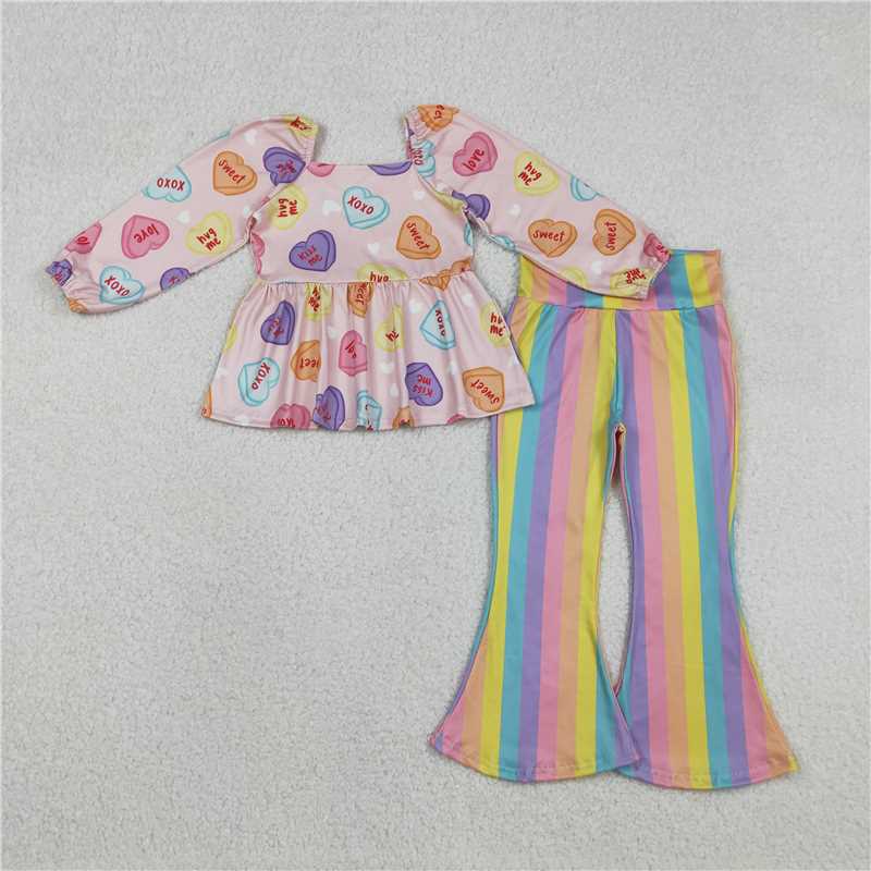 12.22 RST Sibling Baby Girls Colorful Hearts Bows Tunic Stripe Bell Bottom Pants Valentines Clothes Sets