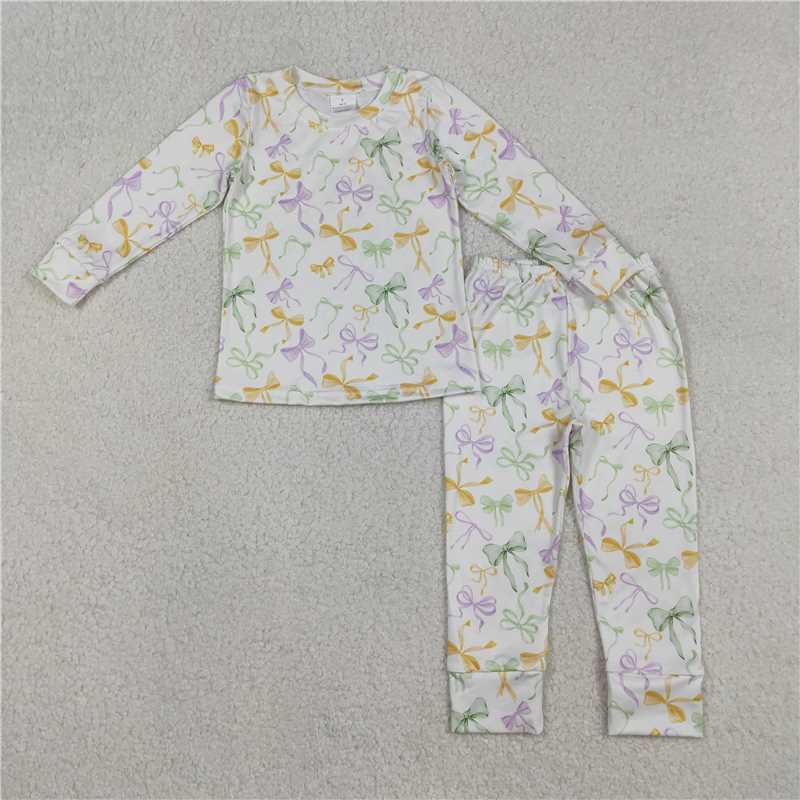 12.13 RTS NO MOQ （In stock）Matching Mardigras GLP2921 Baby Girls Mardigras Bows Plaid Top Pants Pajamas Sets