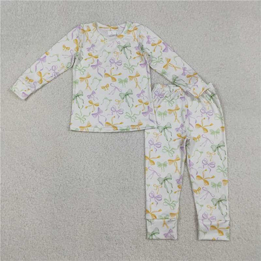 12.13 RTS NO MOQ （In stock）Matching Mardigras GLP2921 Baby Girls Mardigras Bows Plaid Top Pants Pajamas Sets