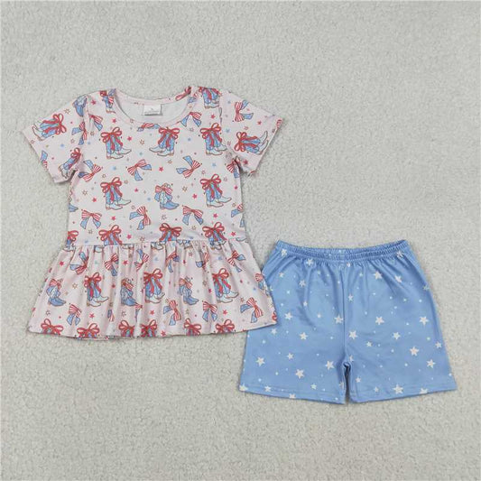 1.6 RTS NO MOQ （In stock）GSSO2837 4th of July Baby Girls Bows Boots Stars Tunic Shorts Western July 4th Clothes Sets