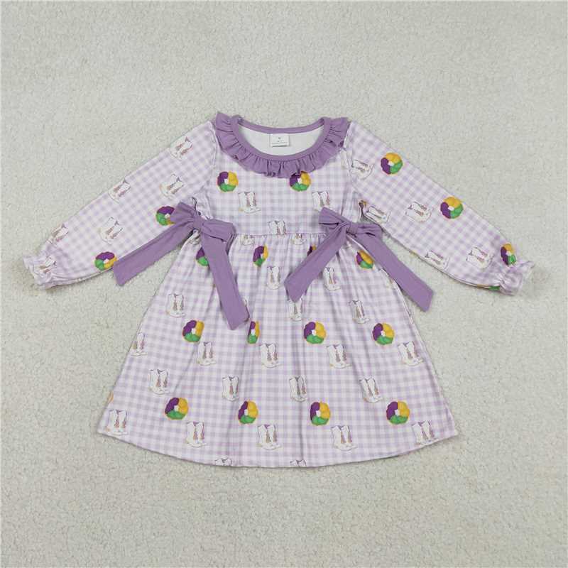 12.13 RTS NO MOQ （In stock）Matching Mardigras GLD1379 Baby Girls Purple Checked Boots Donuts Bows Mardigras Knee Length Dresses