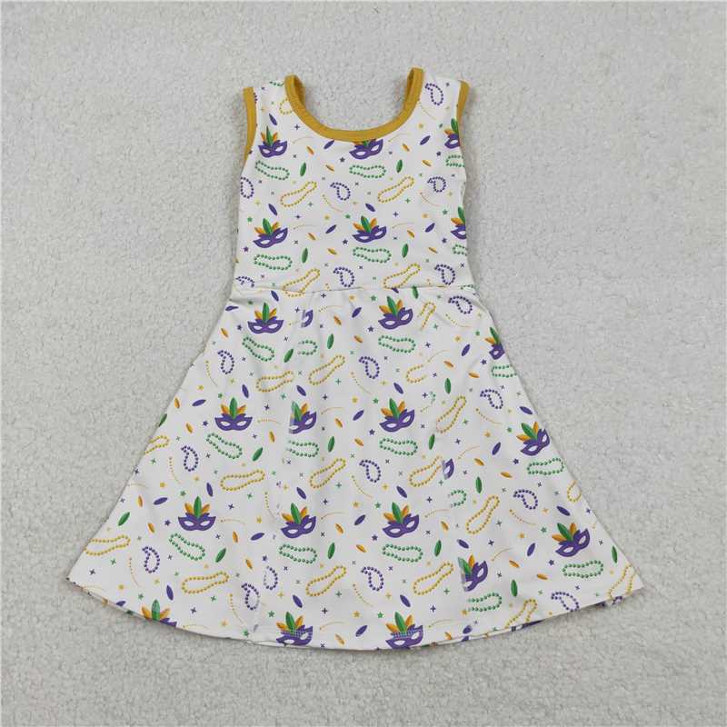 12.17 RTS NO MOQ （In stock）GSD2951 Baby Girls Mardigras Anchors Masks Yoga Shorts Knee Length Dresses