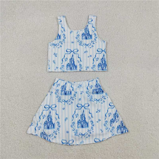 12.17 RTS NO MOQ （In stock）Matching GSD3067 Baby Girls Blue Castles Bows Top Skirt Shorts Yoga Active Clothes Set