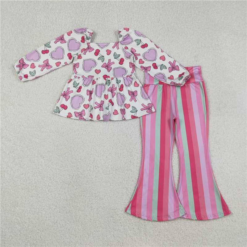 12.22 RST Sibling Baby Girls Colorful Hearts Bows Tunic Stripe Bell Bottom Pants Valentines Clothes Sets