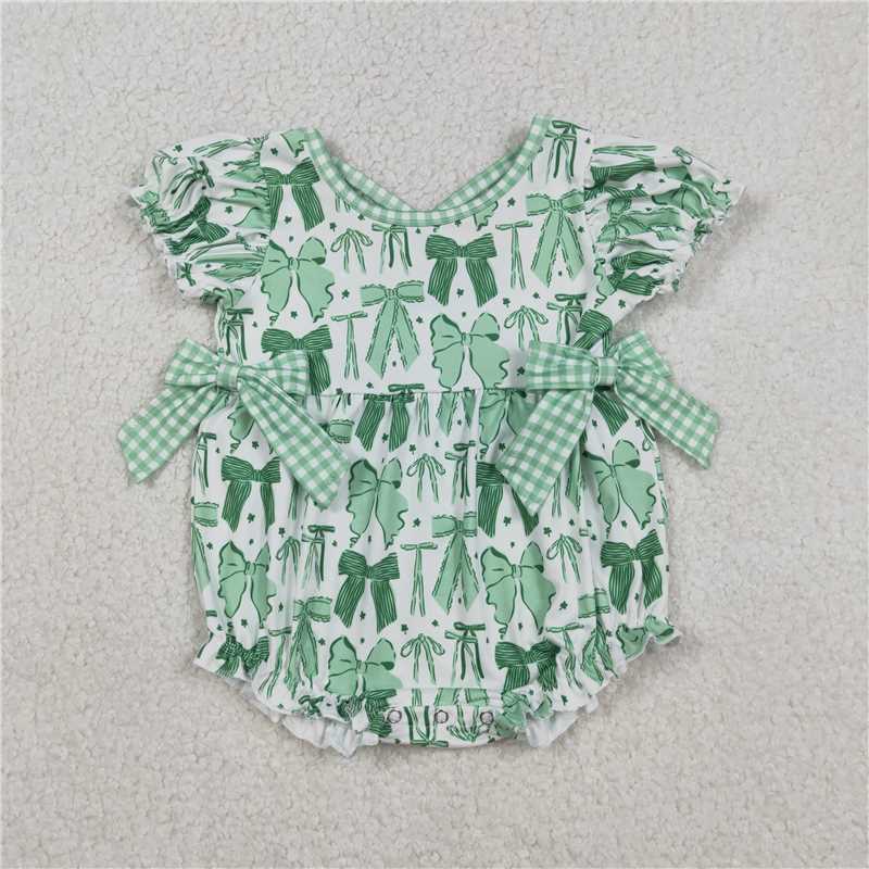 12.22 RTS NO MOQ （In stock）SR3305 Baby Girls Green Clovers St Patrick Bows Ruffle Rompers