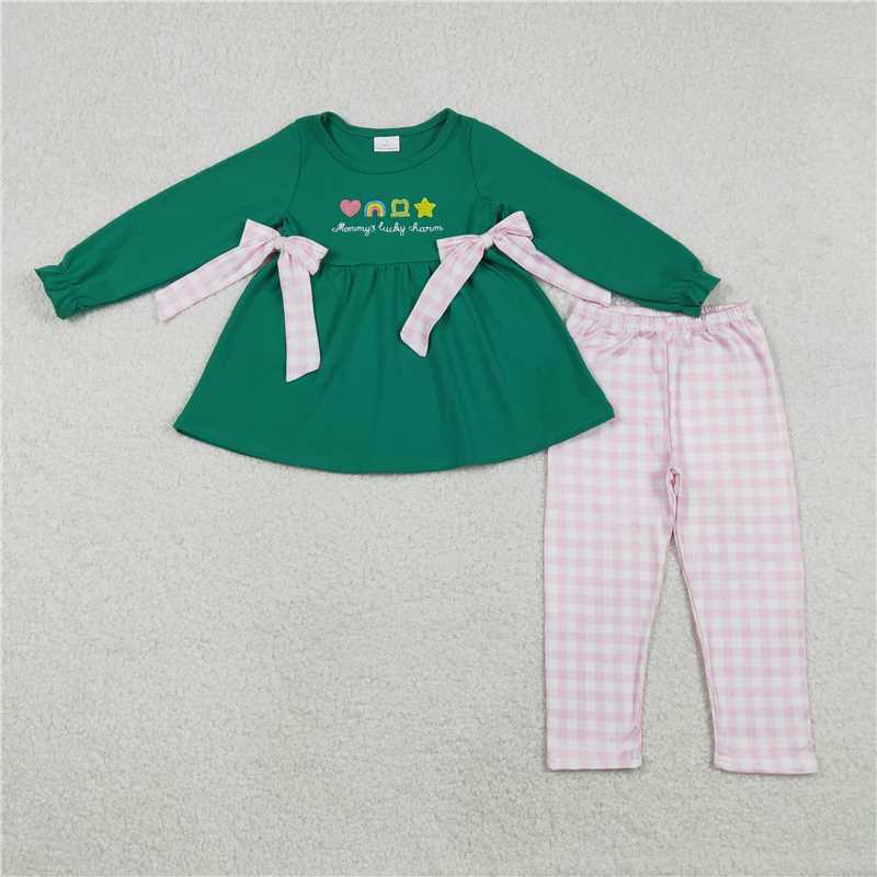 12.22 RTS NO MOQ （In stock）GLP3066 Embroidery Clovers Bows Baby Girls Tunic Checked Leggings St Patrick Clothes Sets