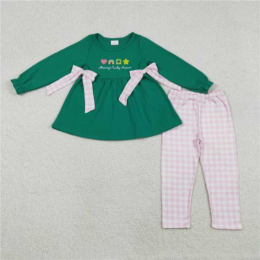 12.22 RTS NO MOQ （In stock）GLP3066 Embroidery Clovers Bows Baby Girls Tunic Checked Leggings St Patrick Clothes Sets
