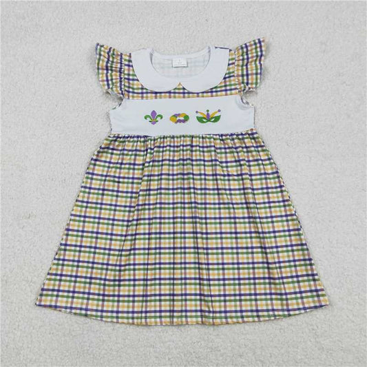 12.17 RTS NO MOQ （In stock）GSD2934 Embroidery Anchors Donuts Baby Girls Mardigras Checked Collar Knee Length Dresses