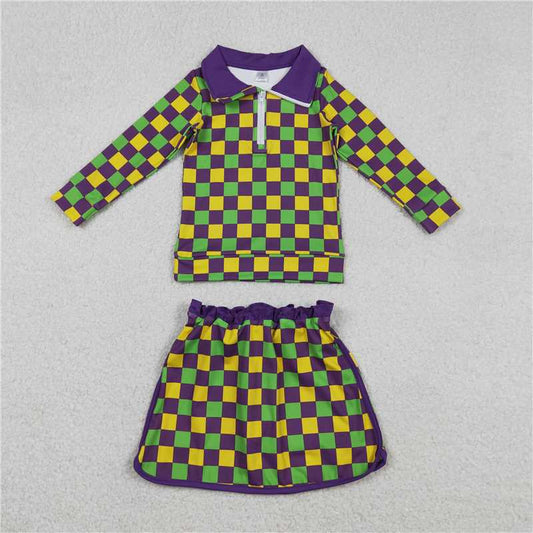 12.18 RTS NO MOQ （In stock）GLD1362 Baby Girls Mardigras Checked Zipper Pullovers Skirt Shorts Yoga Clothes Set