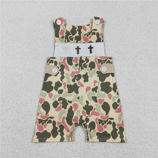 12.26 RTS NO MOQ （In stock）SR3290 Embroidery Crosses Baby Boys Camo Easter Shorts Rompers