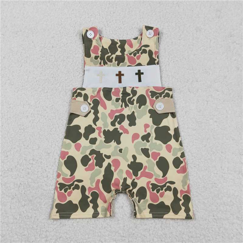 1.8 RST Sibling Baby Boys Embroidery Crosses Camo Easter T-shirts Shorts Rompers