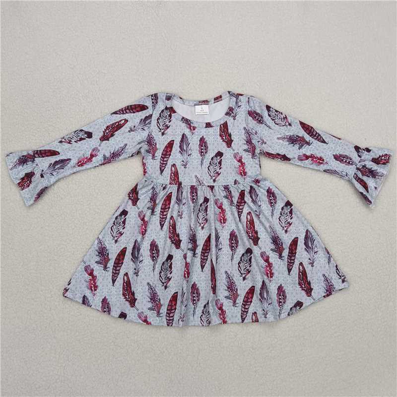 9.25 RTS NO MOQ（In stock）G6-1-4,, Baby Girls Winter Dress Burgundy feather gray long-sleeved dress