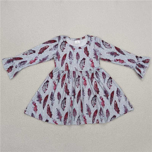 9.25 RTS NO MOQ（In stock）G6-1-4,, Baby Girls Winter Dress Burgundy feather gray long-sleeved dress