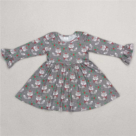 9.22 RTS NO MOQ（In stock）G6-1-3 Baby Girls Winter Dress Squirrel Fruit Grey Long Sleeve Dress