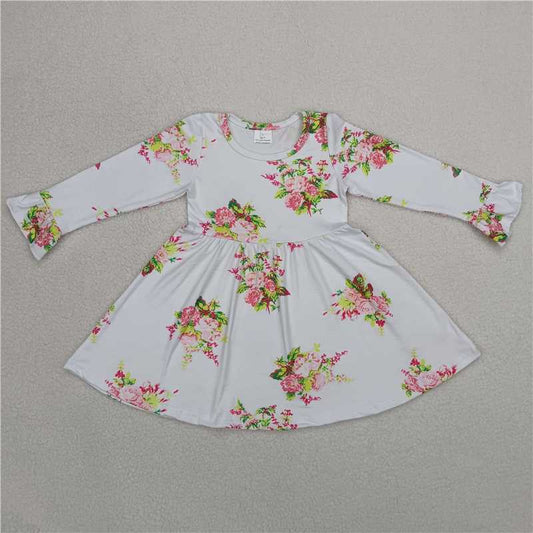 9.25 RTS NO MOQ（In stock）G6-1-3. Baby Girls Winter Dress White long-sleeved dress with pink flowers and green leaves
